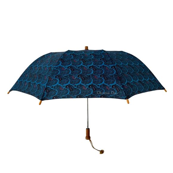 Christian Dior Vintage Paisley Folding Umbrella Automatic Opening Wooden Handle - Picture 1 of 13